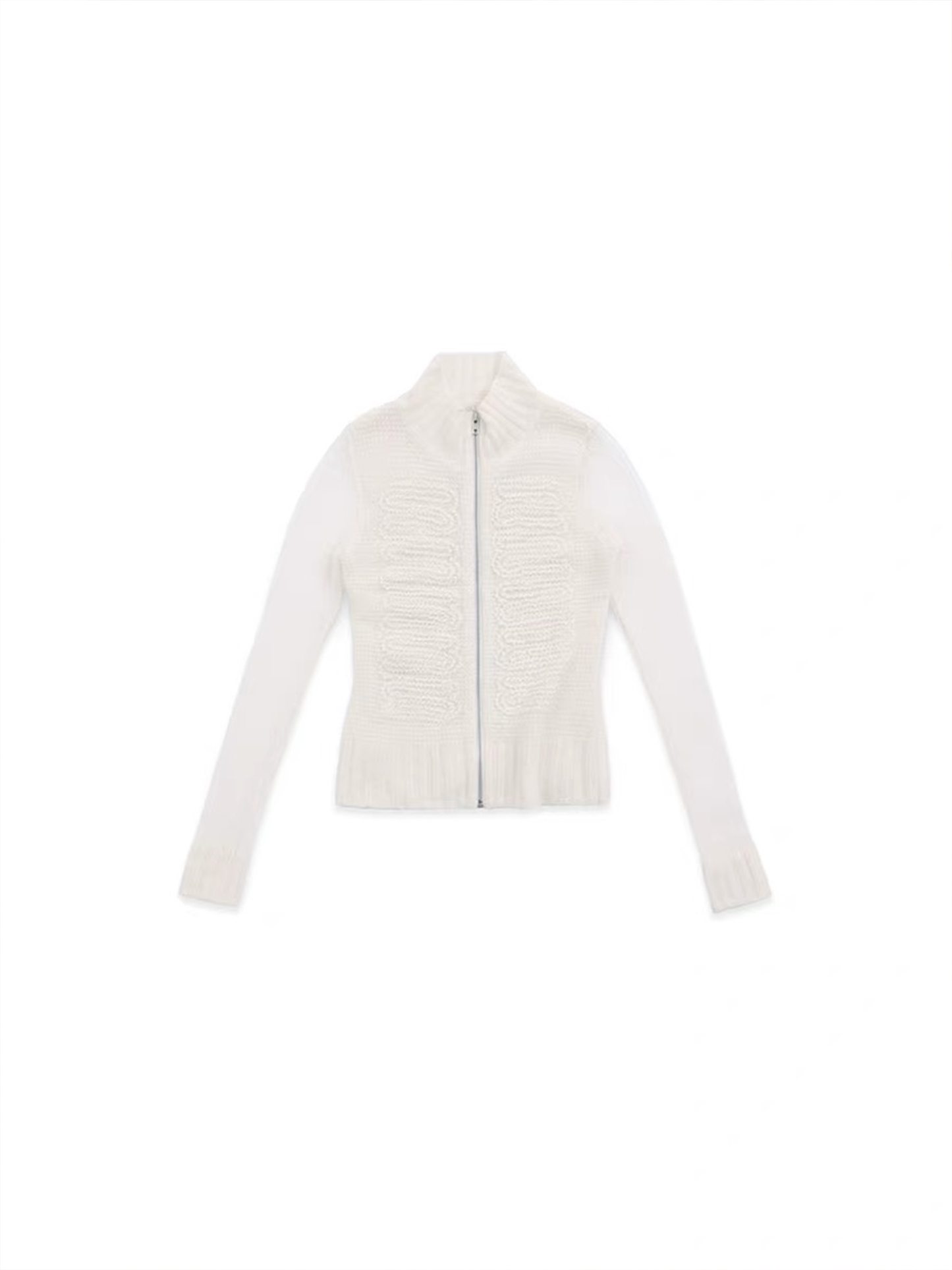 White Embossed Floral Turtleneck Fitted Cashmere Cardigan-TRINITE Studio-APOC STORE