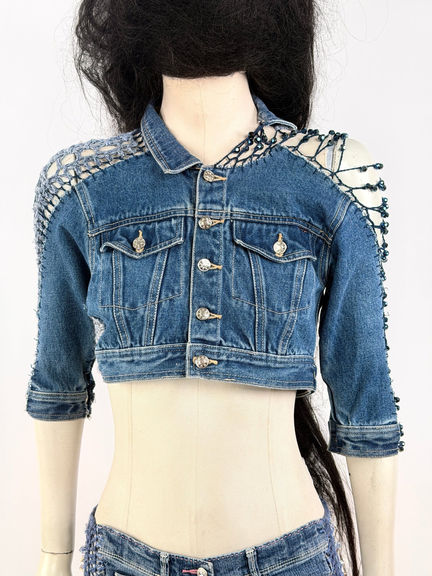 Crocheted Mini Denim Jacket-Lou de Bètoly-APOC STORE