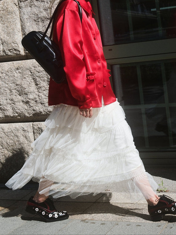 TULLE TIERED LONG SKIRT - WHITE-SAENGIN STUDIOS-APOC STORE