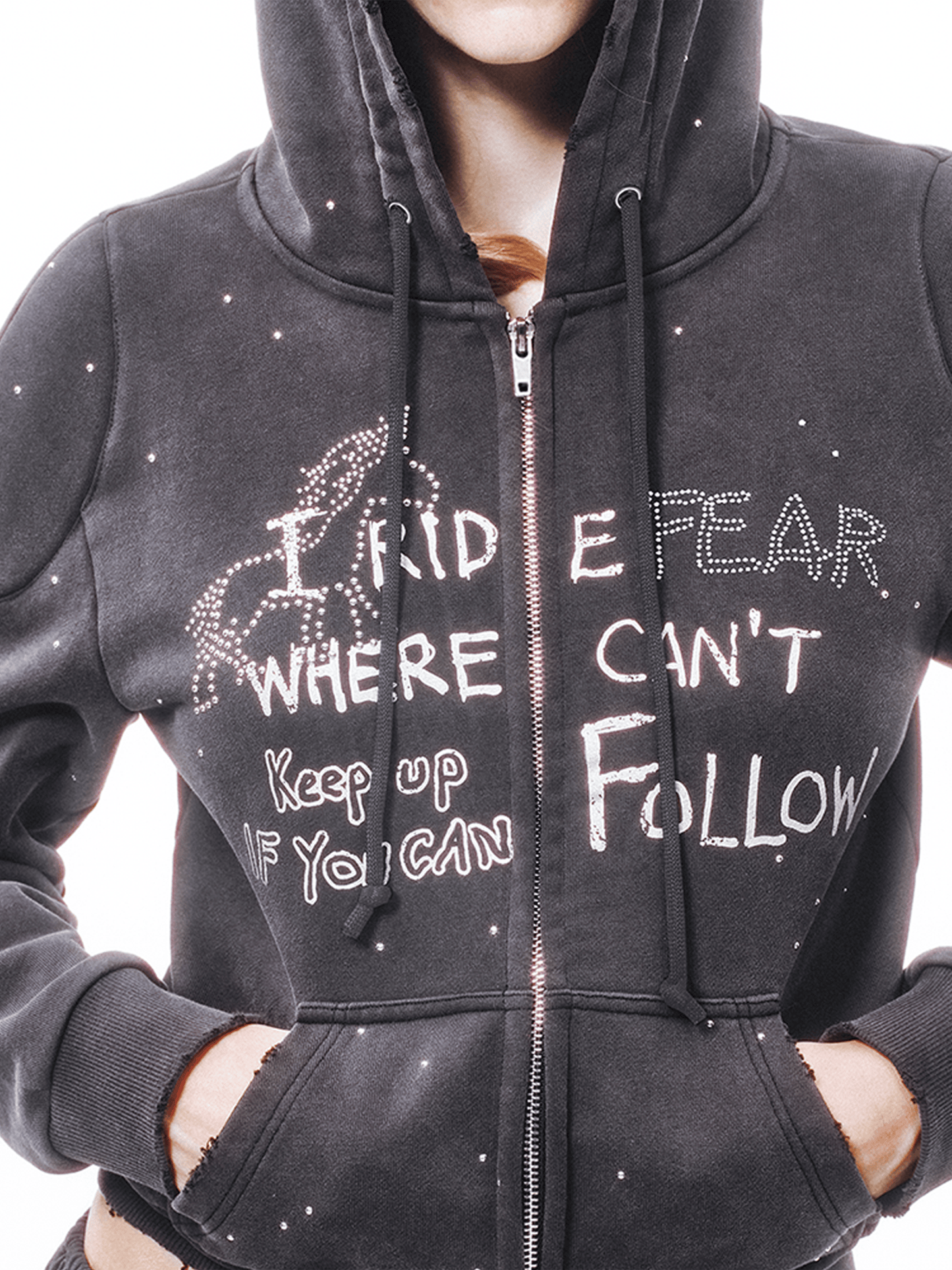 Dark Grey Metal Rivet&Printing Decorative Zip Hoodie-TRINITE Studio-APOC STORE