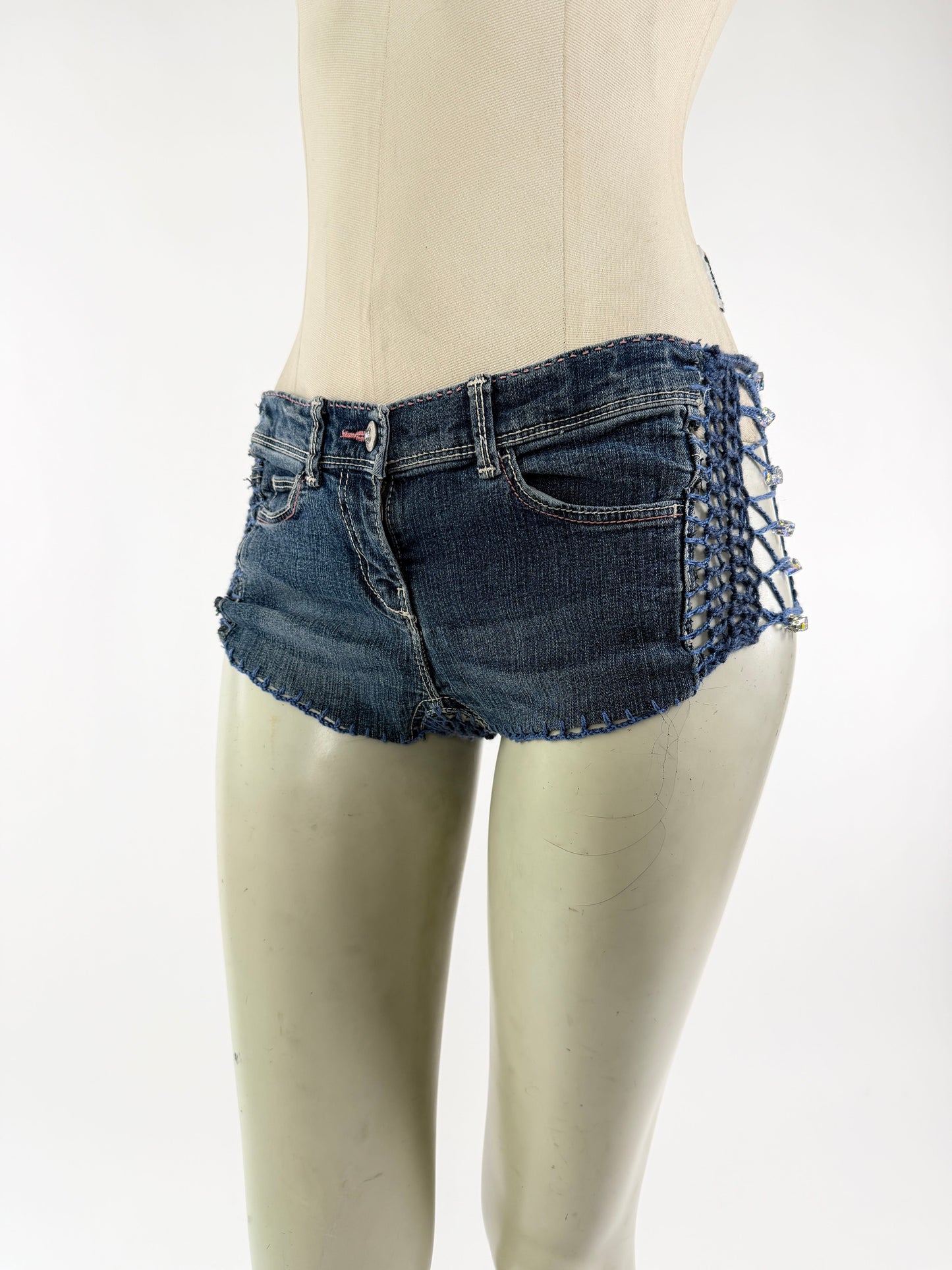 Crocheted Mini Denim Shorts-Lou de Bètoly-APOC STORE