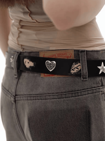 Black Embossed Portrait Leather Belt with Metal Studs-TRINITE Studio-APOC STORE