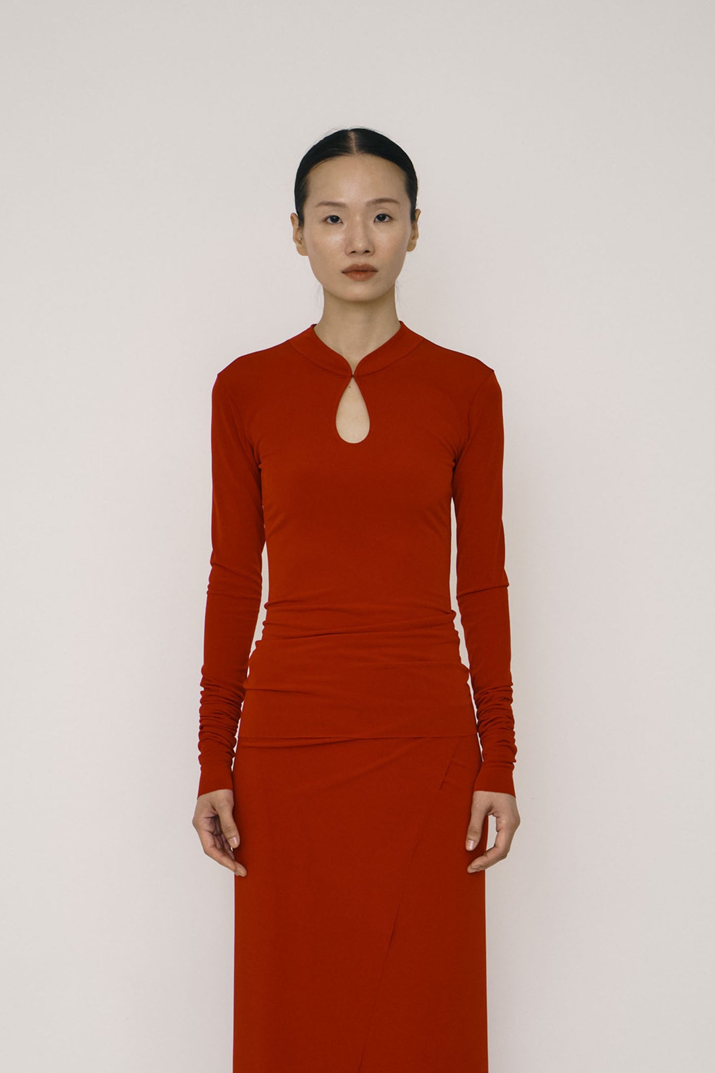 Red Skinny Long-Sleeve Mandarin Collar Top-arc us arkus-APOC STORE