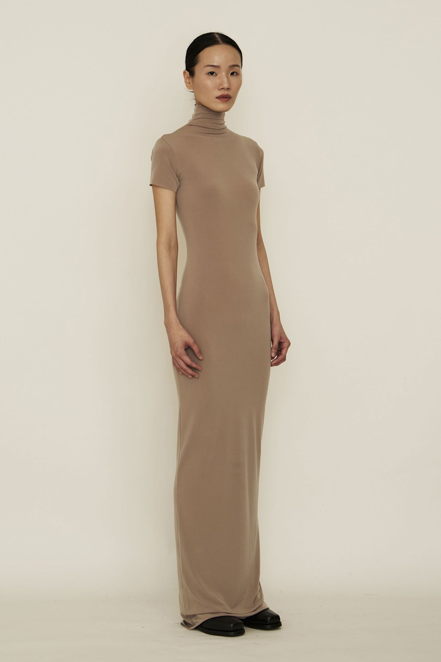 Nude Skinny High Neck Short-Sleeve Maxi Dress-arc us arkus-APOC STORE