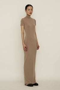 Nude Skinny High Neck Short-Sleeve Maxi Dress-arc us arkus-APOC STORE