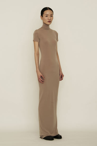 Nude Skinny High Neck Short-Sleeve Maxi Dress-arc us arkus-APOC STORE