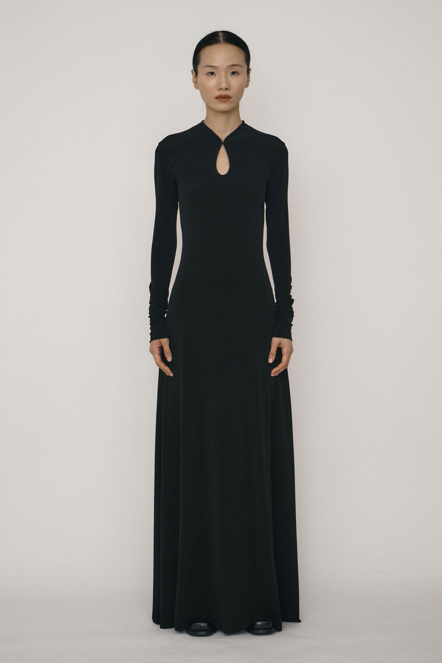 Black Skinny Long-Sleeve Mandarin Collar Flared Maxi Dress-arc us arkus-APOC STORE