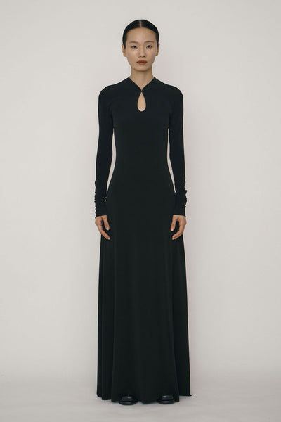 Black Skinny Long-Sleeve Mandarin Collar Flared Maxi Dress-arc us arkus-APOC STORE
