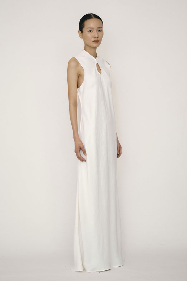 White Satin Mandarin Collar Bias-Cut Dress-arc us arkus-APOC STORE