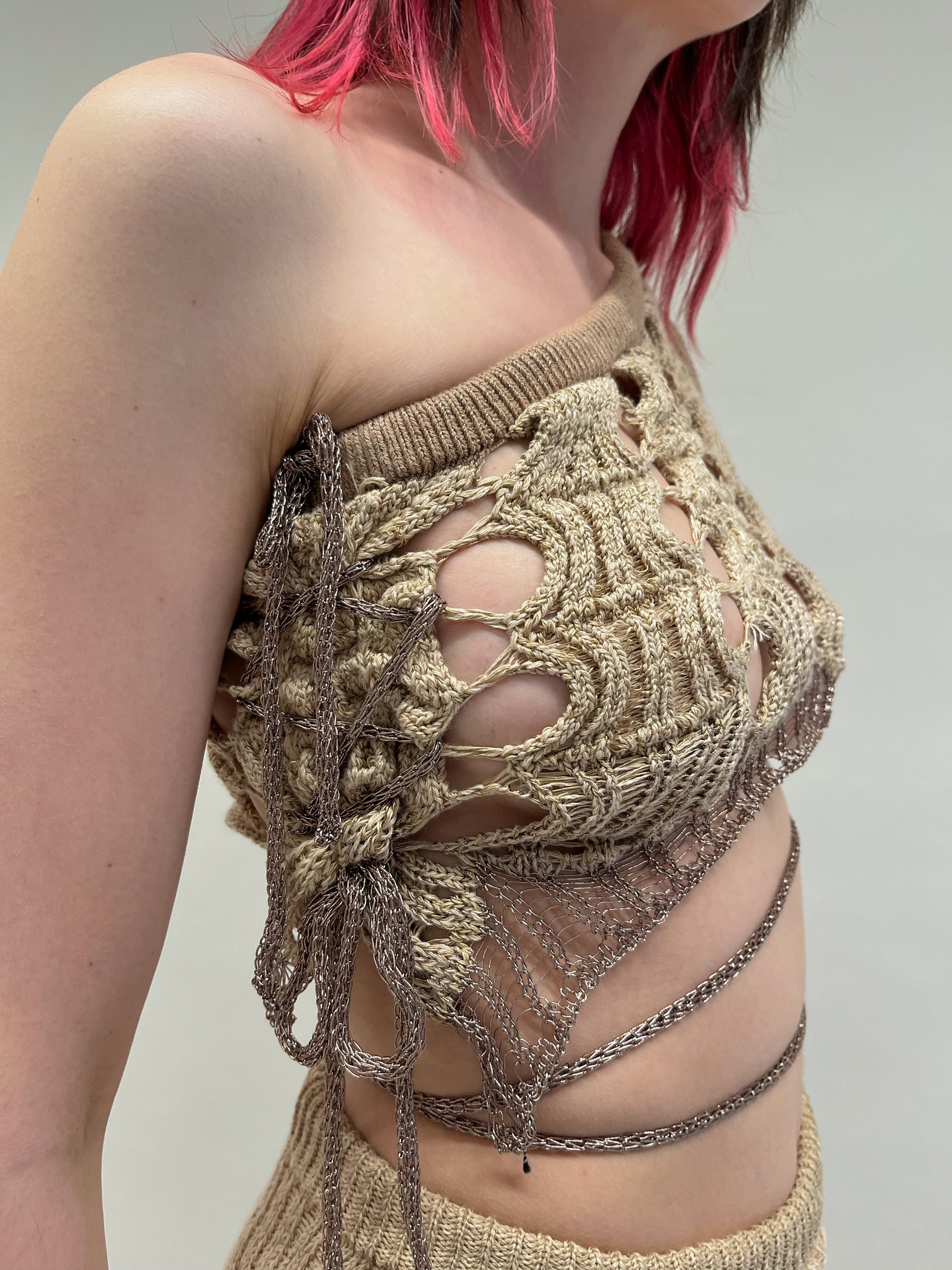 ASYMMETRIC MESH KNIT GOLD CROP TOP-Sania Parvez-APOC STORE