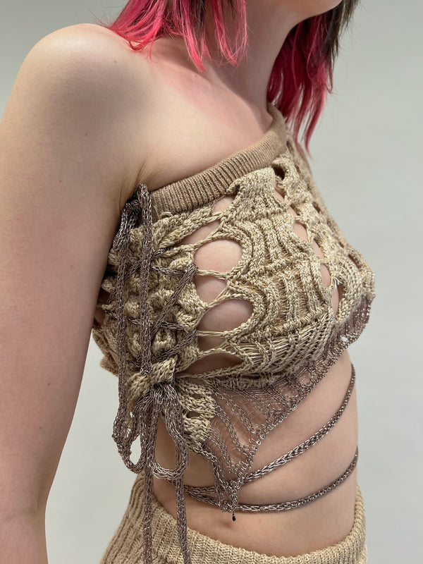 ASYMMETRIC MESH KNIT GOLD CROP TOP-Sania Parvez-APOC STORE