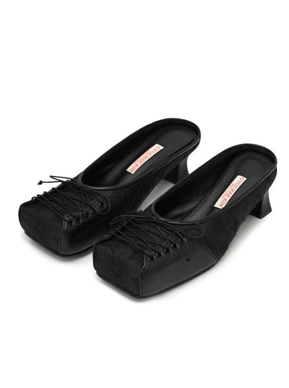 SQUARE LACE MULE BLACK 4CM-Gyouree Kim-APOC STORE