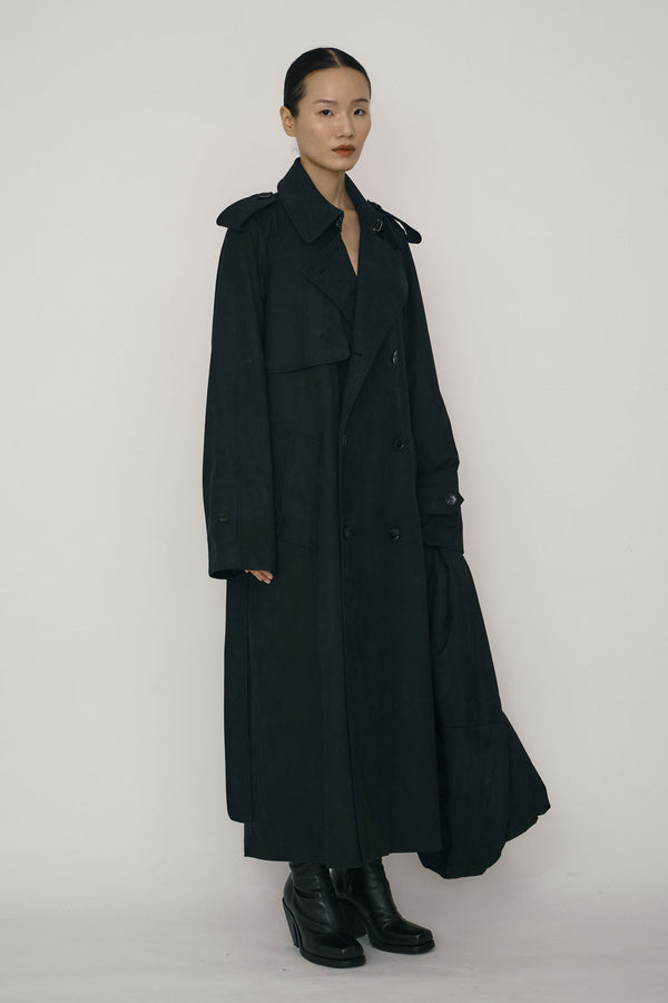 Black Faux-Suede Double-breasted Raglan Trench Coat-arc us arkus-APOC STORE