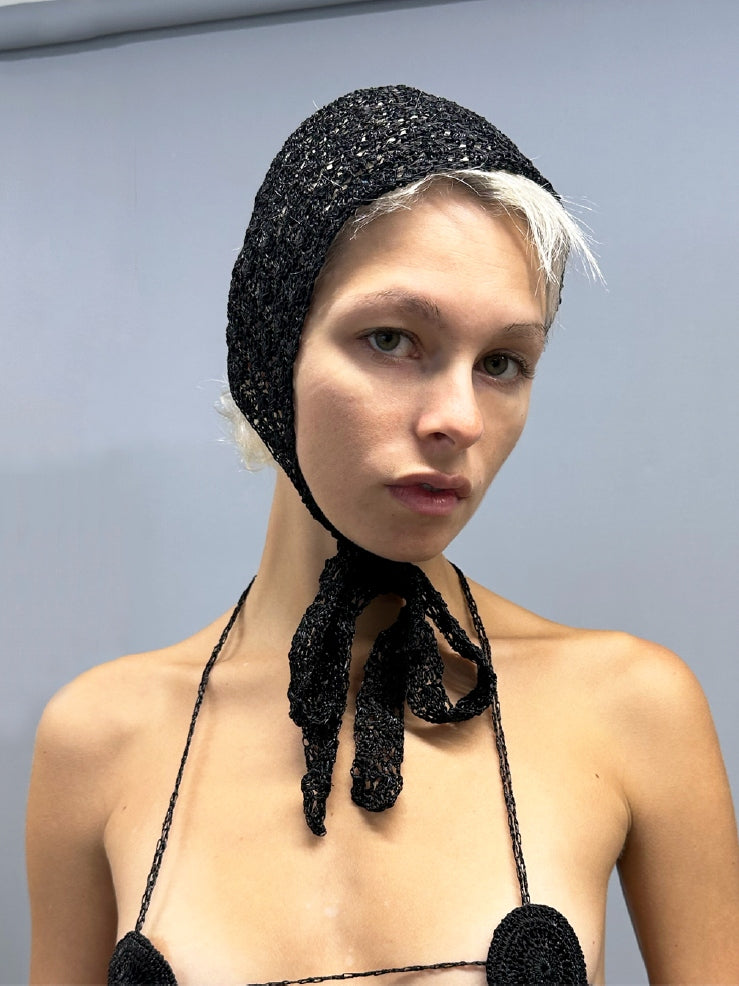 Crochet lace metallic bonnet - Black-Raquel de Carvalho-APOC STORE