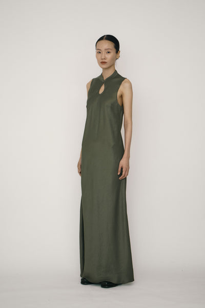 Green Satin Mandarin Collar Bias-Cut Dress-arc us arkus-APOC STORE