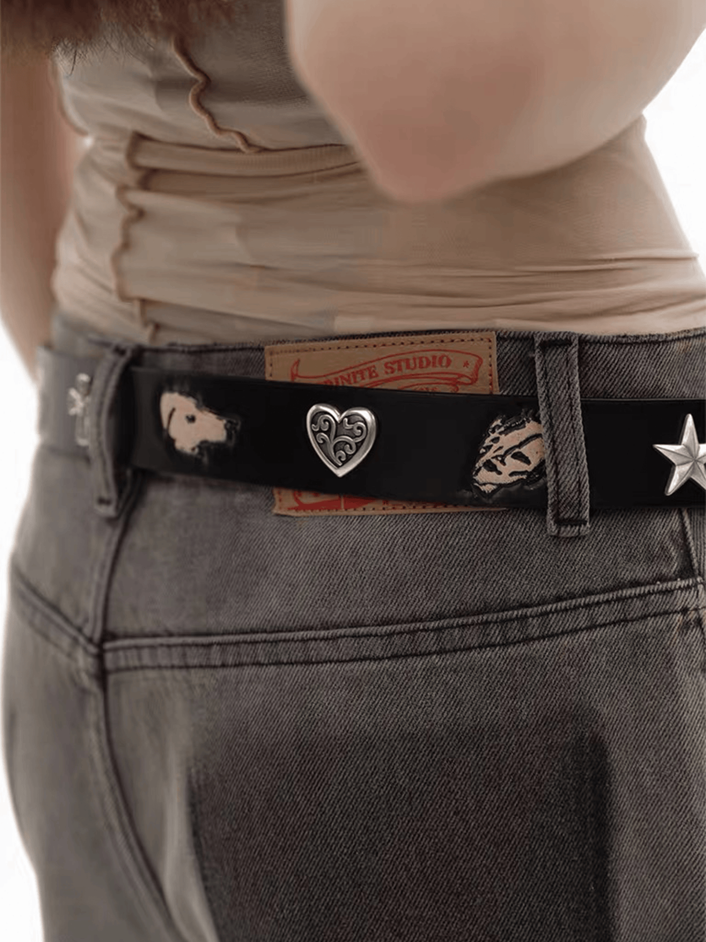 Black Embossed Portrait Leather Belt with Metal Studs-TRINITE Studio-APOC STORE