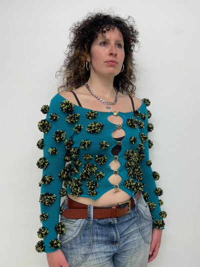 Turquoise pompom cardigan-Scar Kennedy-APOC STORE