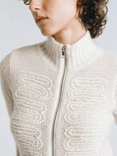 White Embossed Floral Turtleneck Fitted Cashmere Cardigan-TRINITE Studio-APOC STORE