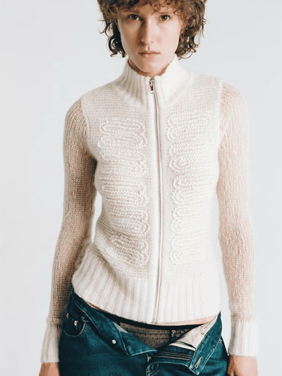 White Embossed Floral Turtleneck Fitted Cashmere Cardigan-TRINITE Studio-APOC STORE