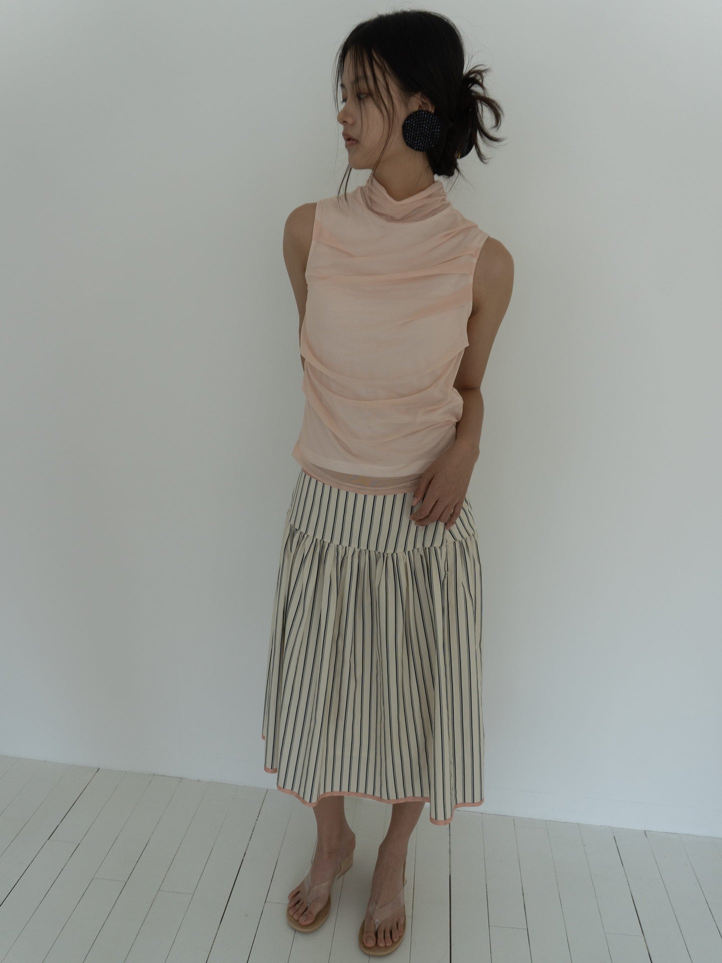 Draped Layer Top Peach-mesh blanca-APOC STORE