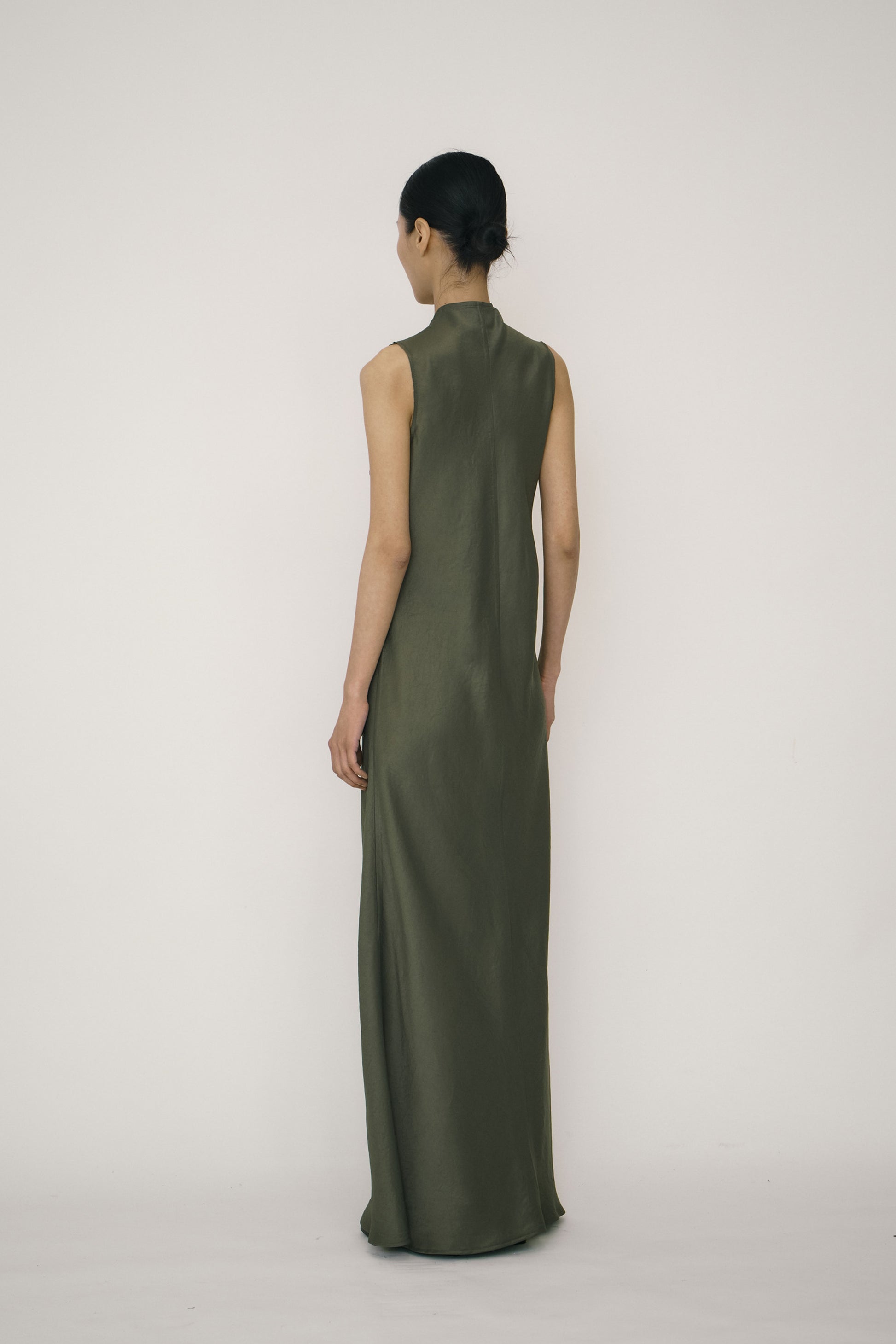 Green Satin Mandarin Collar Bias-Cut Dress-arc us arkus-APOC STORE