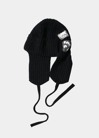 EARFLAP KNIT PATCH HAT BLACK-SAENGIN STUDIOS-APOC STORE