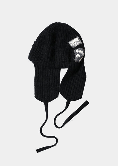 EARFLAP KNIT PATCH HAT BLACK-SAENGIN STUDIOS-APOC STORE