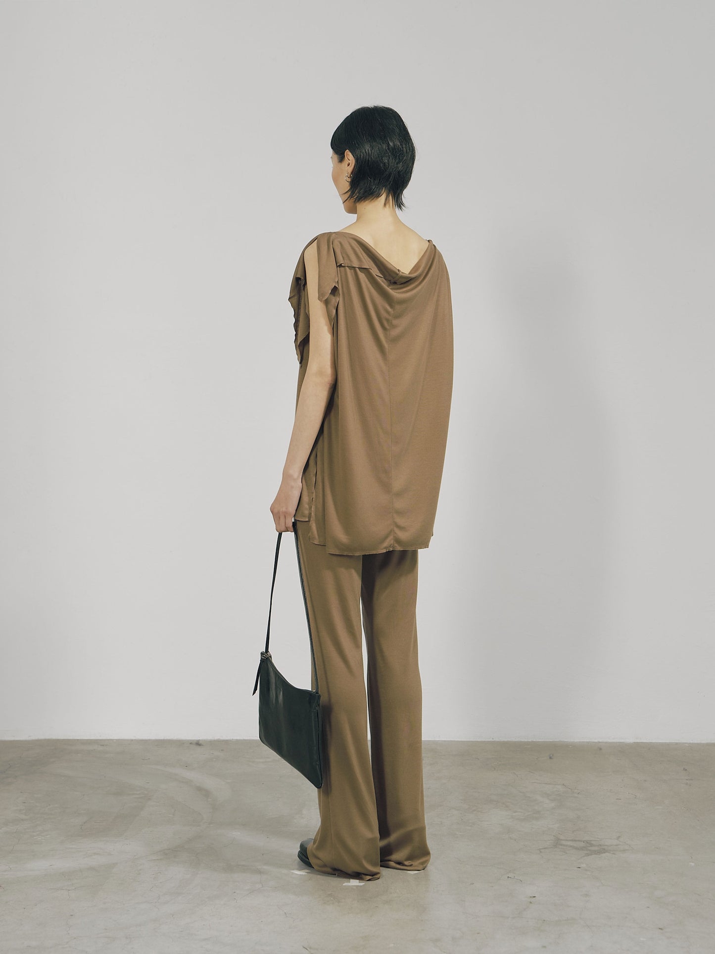 Khaki Tencel Jersey Raw Edge Asymmetric Cutting Top-arc us arkus-APOC STORE