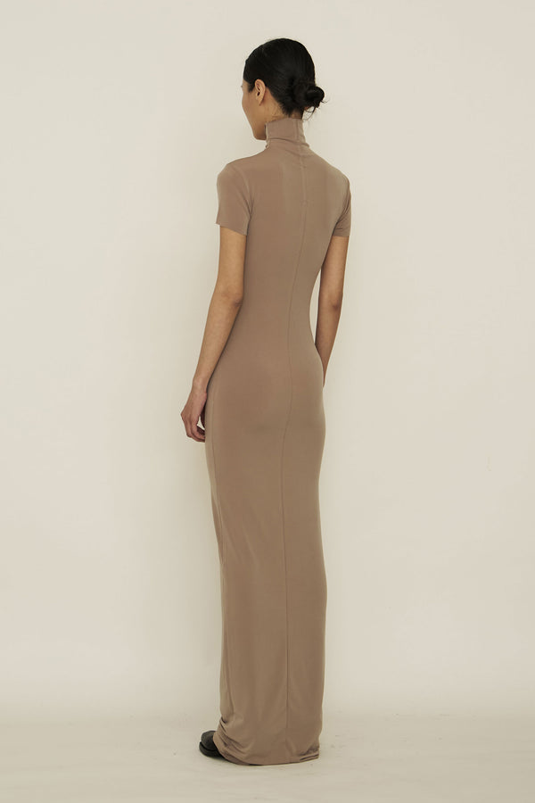 Nude Skinny High Neck Short-Sleeve Maxi Dress-arc us arkus-APOC STORE