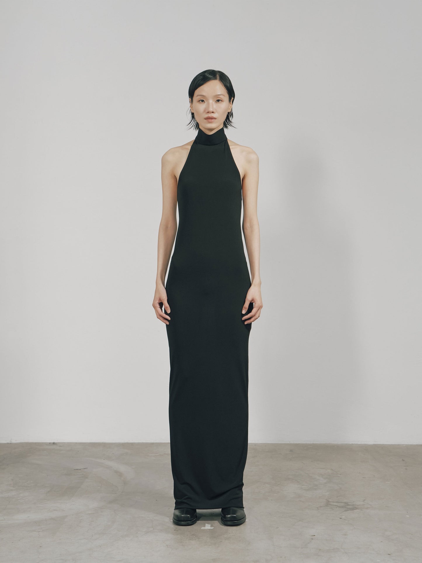 Black Skinny High Halterneck Maxi Dress-arc us arkus-APOC STORE