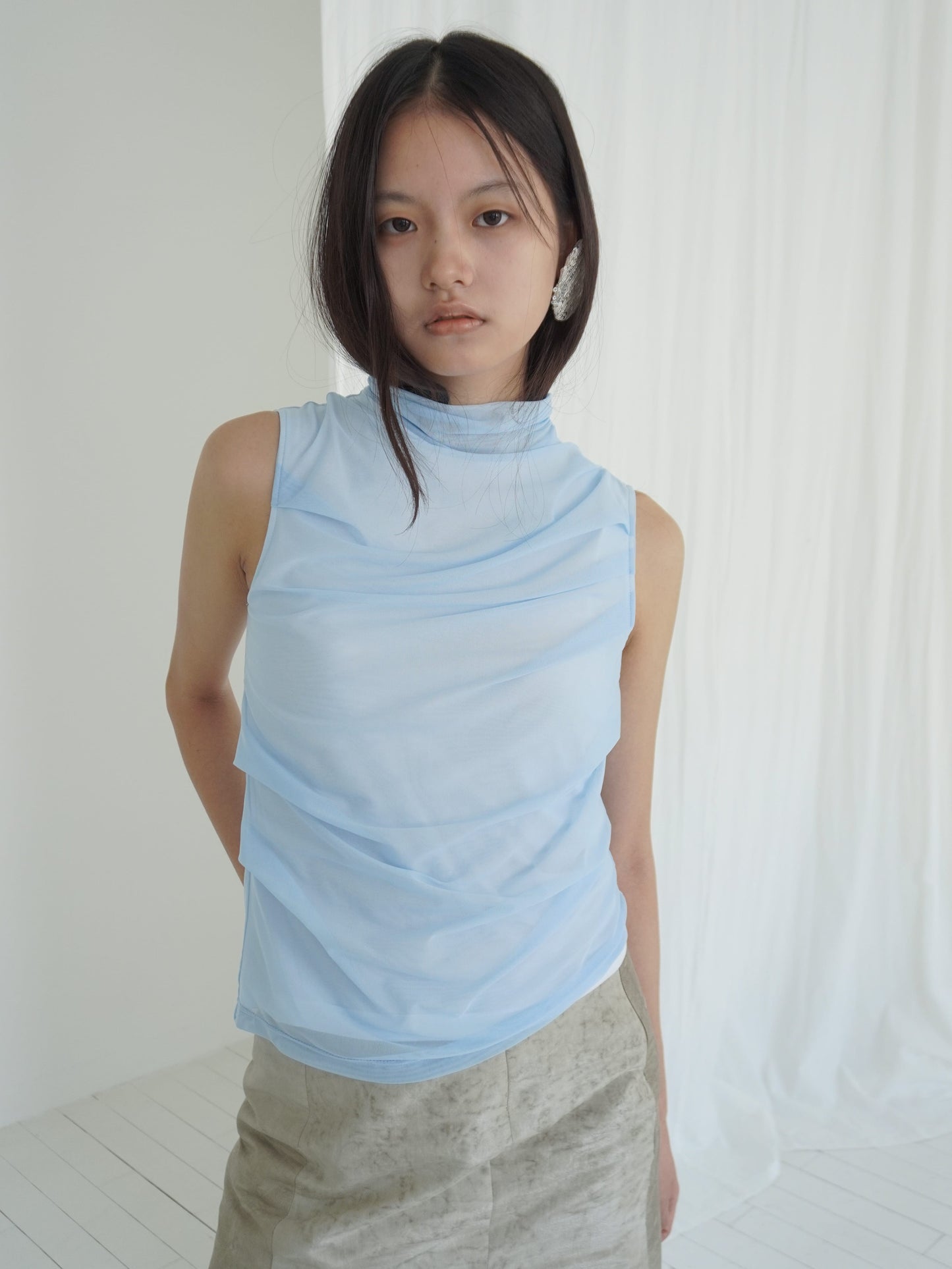 Draped Layer Top Light Blue-mesh blanca-APOC STORE