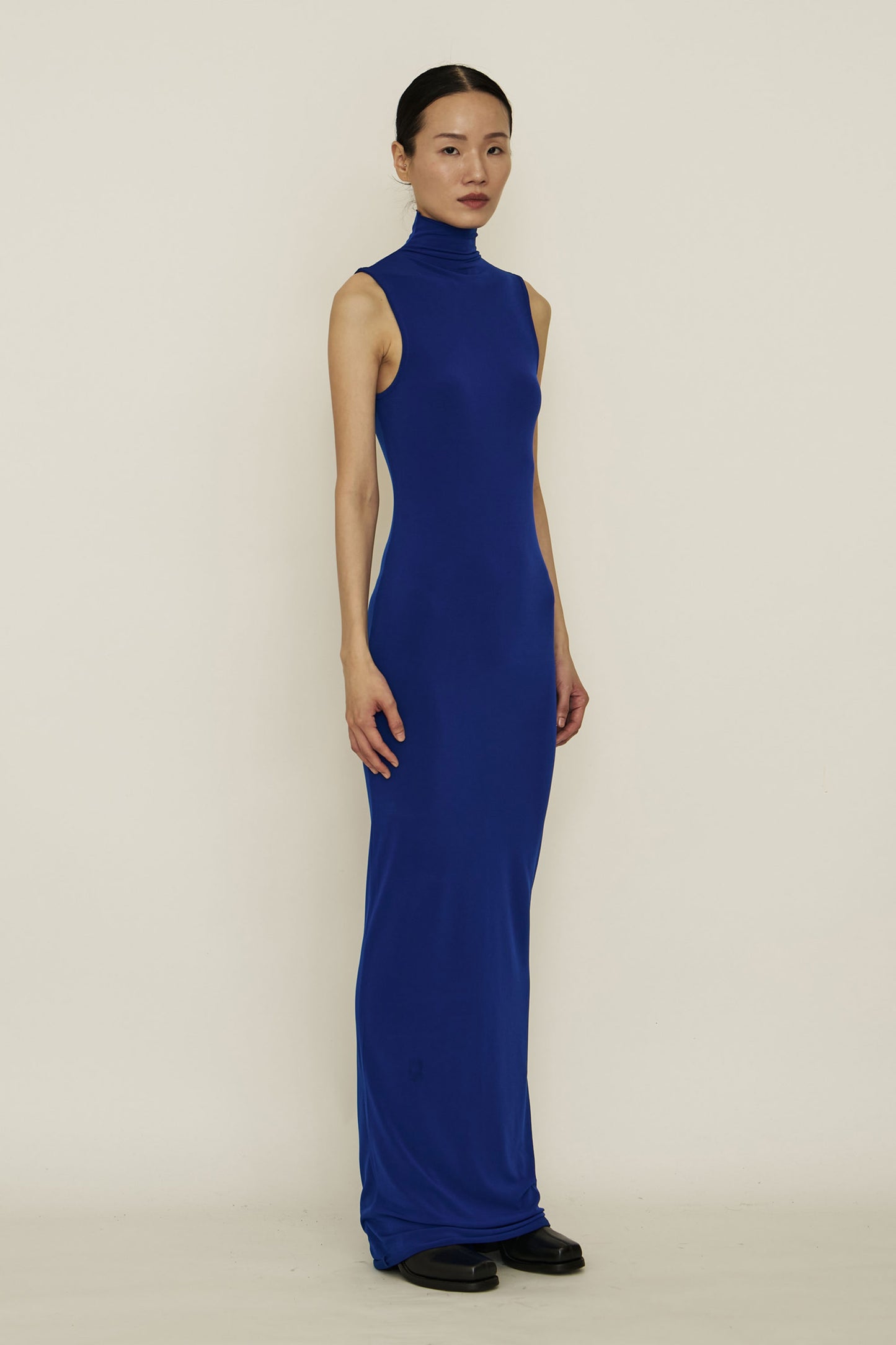 Blue Skinny High Neck Sleeveless Maxi Dress-arc us arkus-APOC STORE
