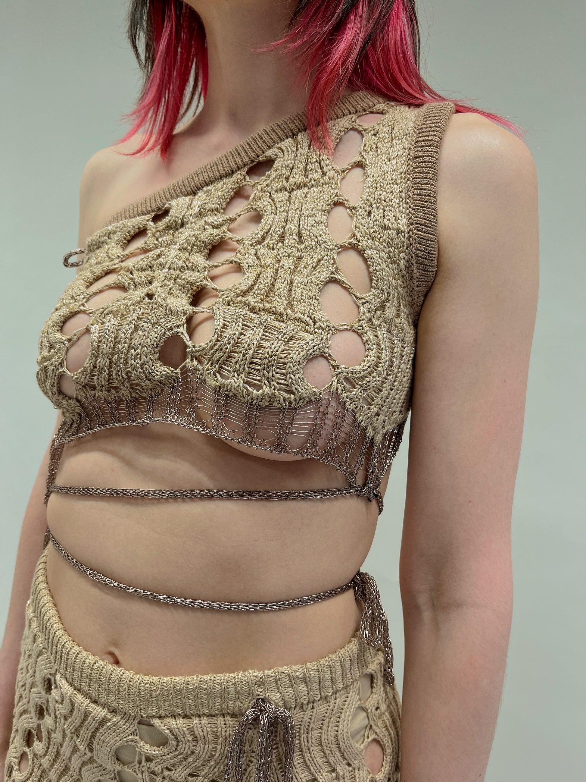 ASYMMETRIC MESH KNIT GOLD CROP TOP-Sania Parvez-APOC STORE