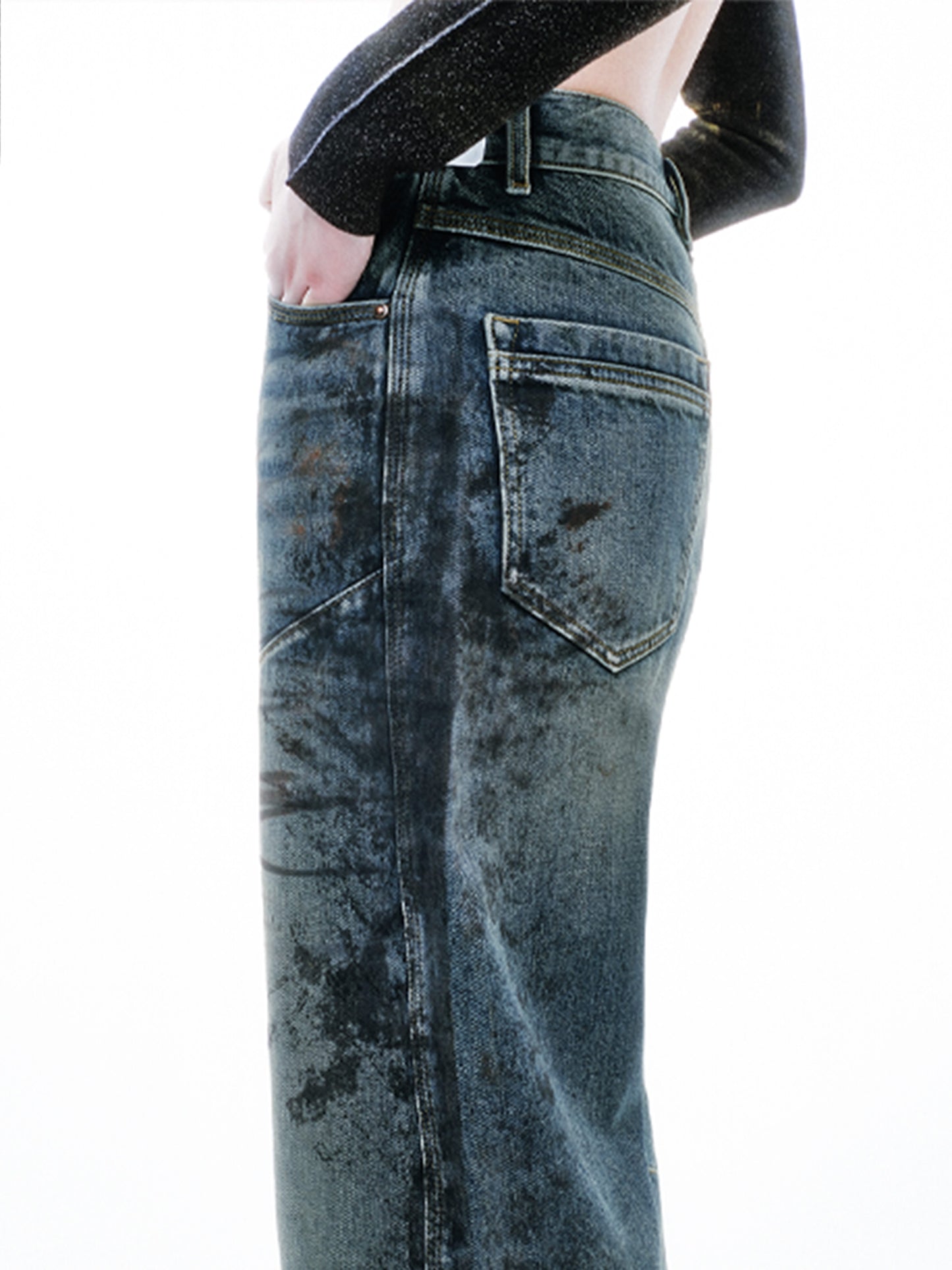 Distressed Dirty Printed Loose Jeans-TRINITE Studio-APOC STORE