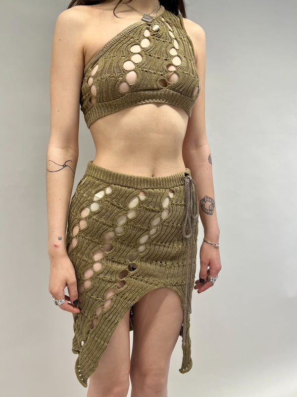 KHAKI MESH KNIT SKIRT-Sania Parvez-APOC STORE