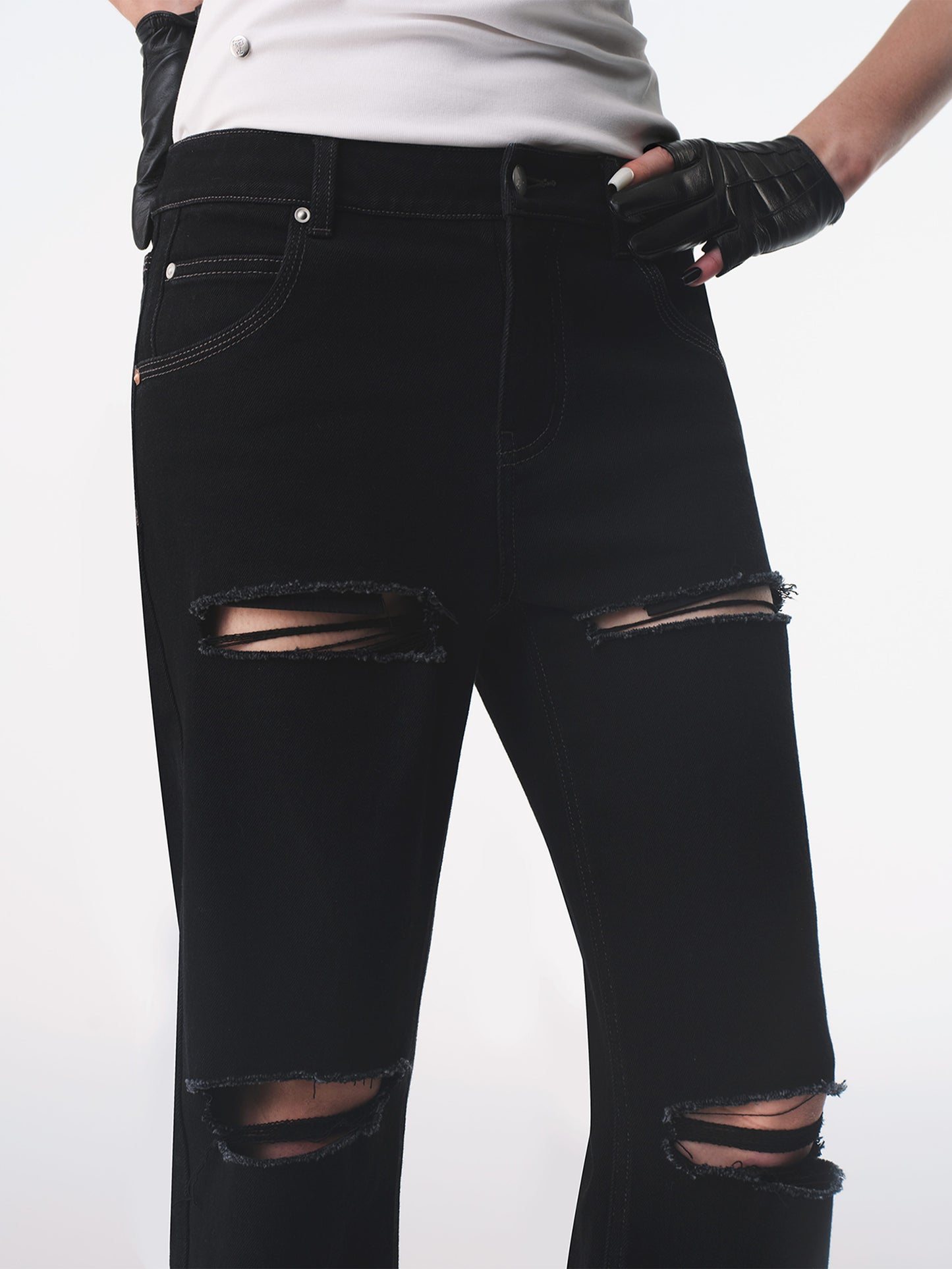 TRI-RIB Black Distressed Stretch Jeans-TRINITE Studio-APOC STORE
