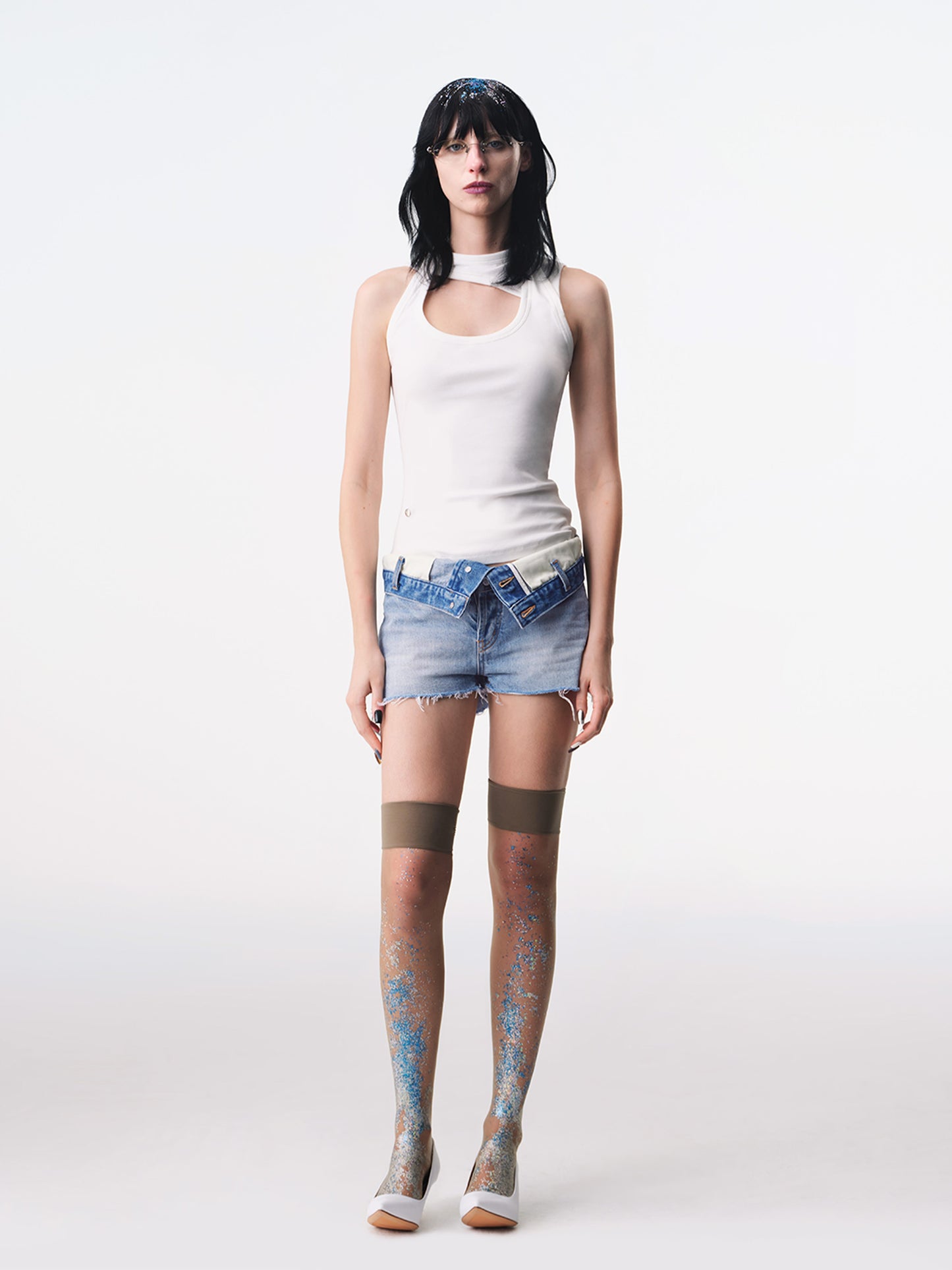 TRI-RIB Fold-Over Waist Denim Shorts-TRINITE Studio-APOC STORE