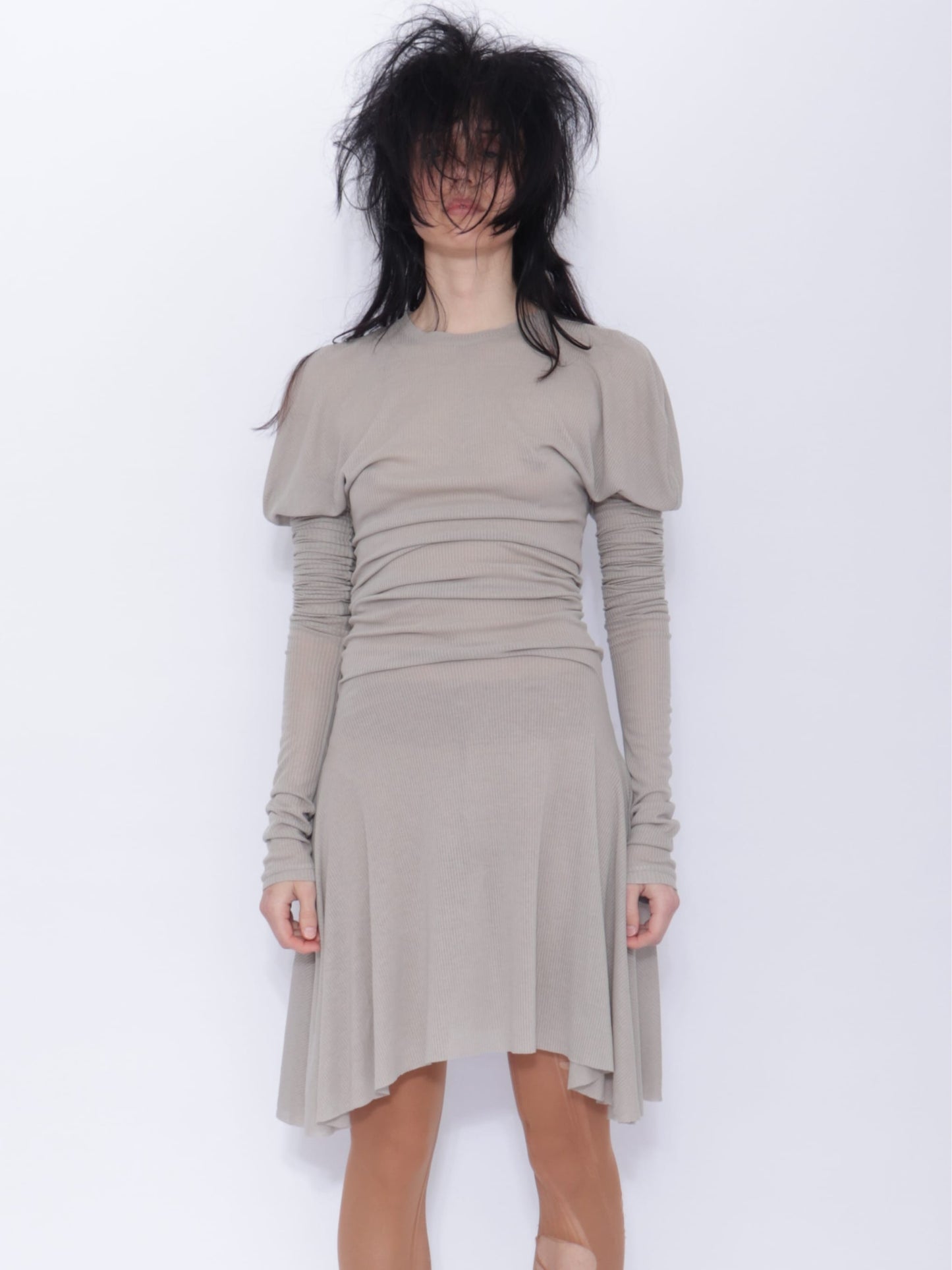 Dora Draped Long sleeve Dress: Pale Grey