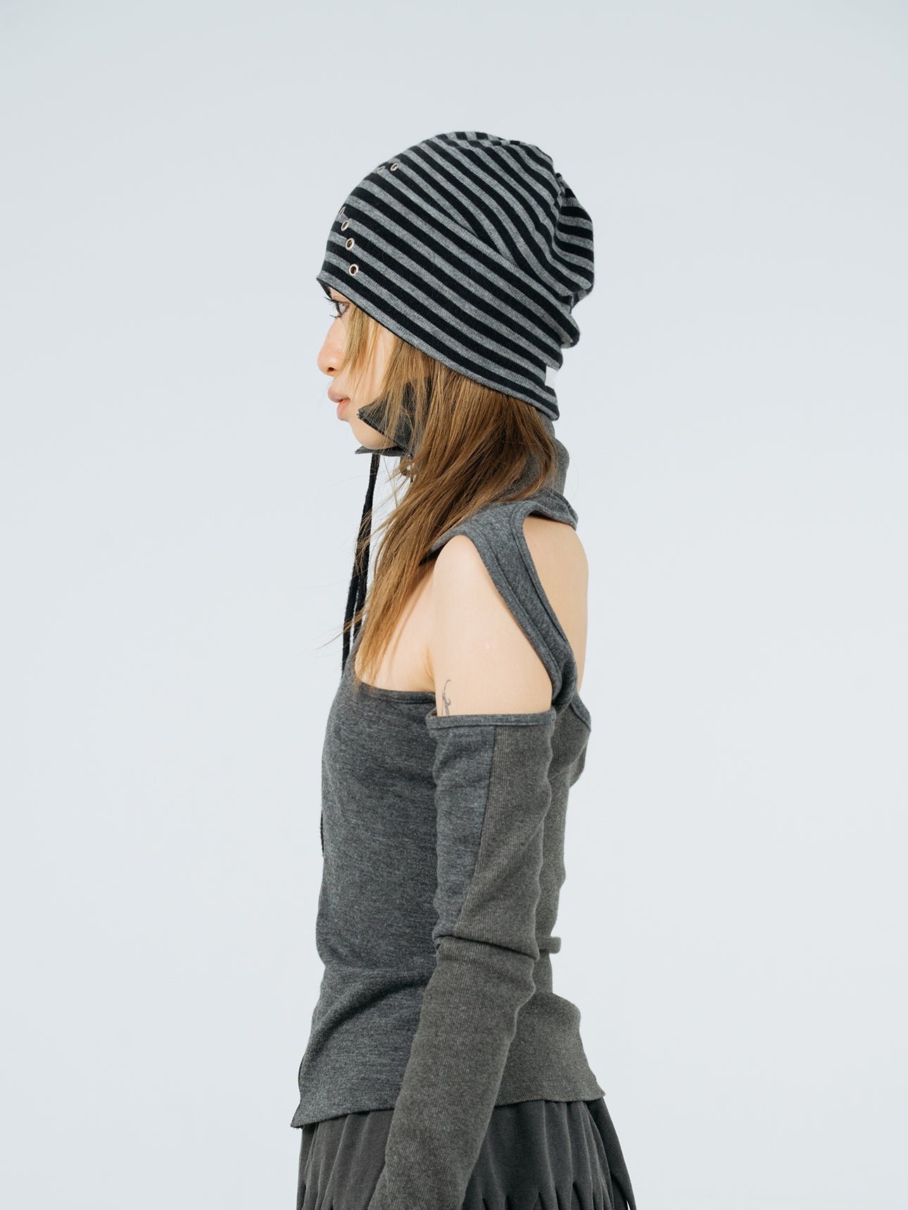 Eyelet stripe beanie black charcoal-Nibgnus-APOC STORE