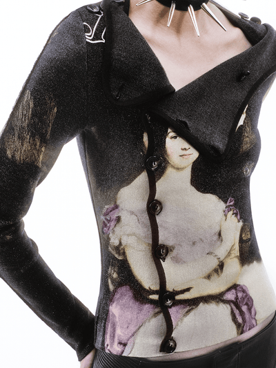 Printed Victorian-style Asymmetric Button Wool Cardigan-TRINITE Studio-APOC STORE