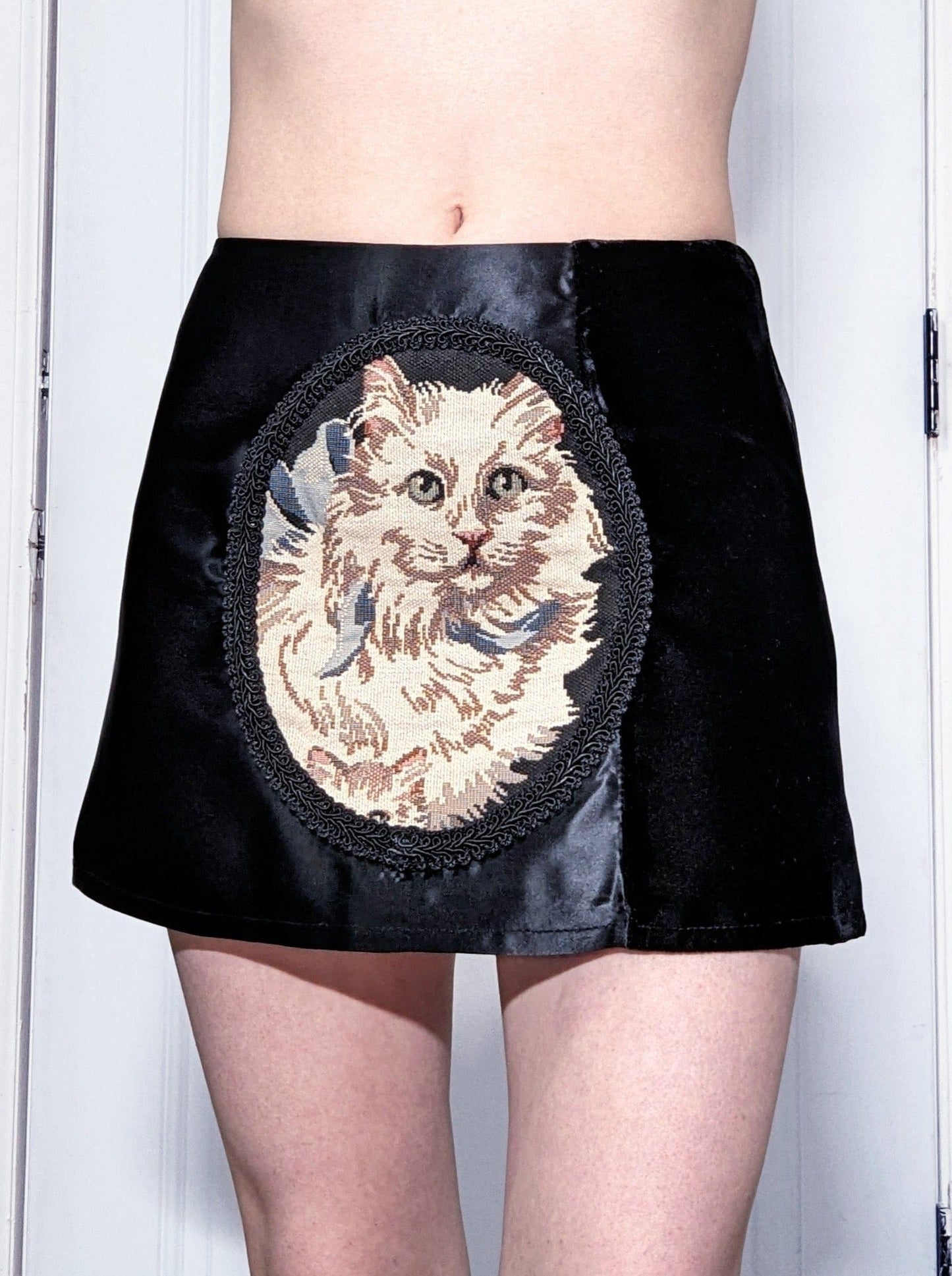 Black Satin Cat Mini Skirt-Kristin Mallison-APOC STORE