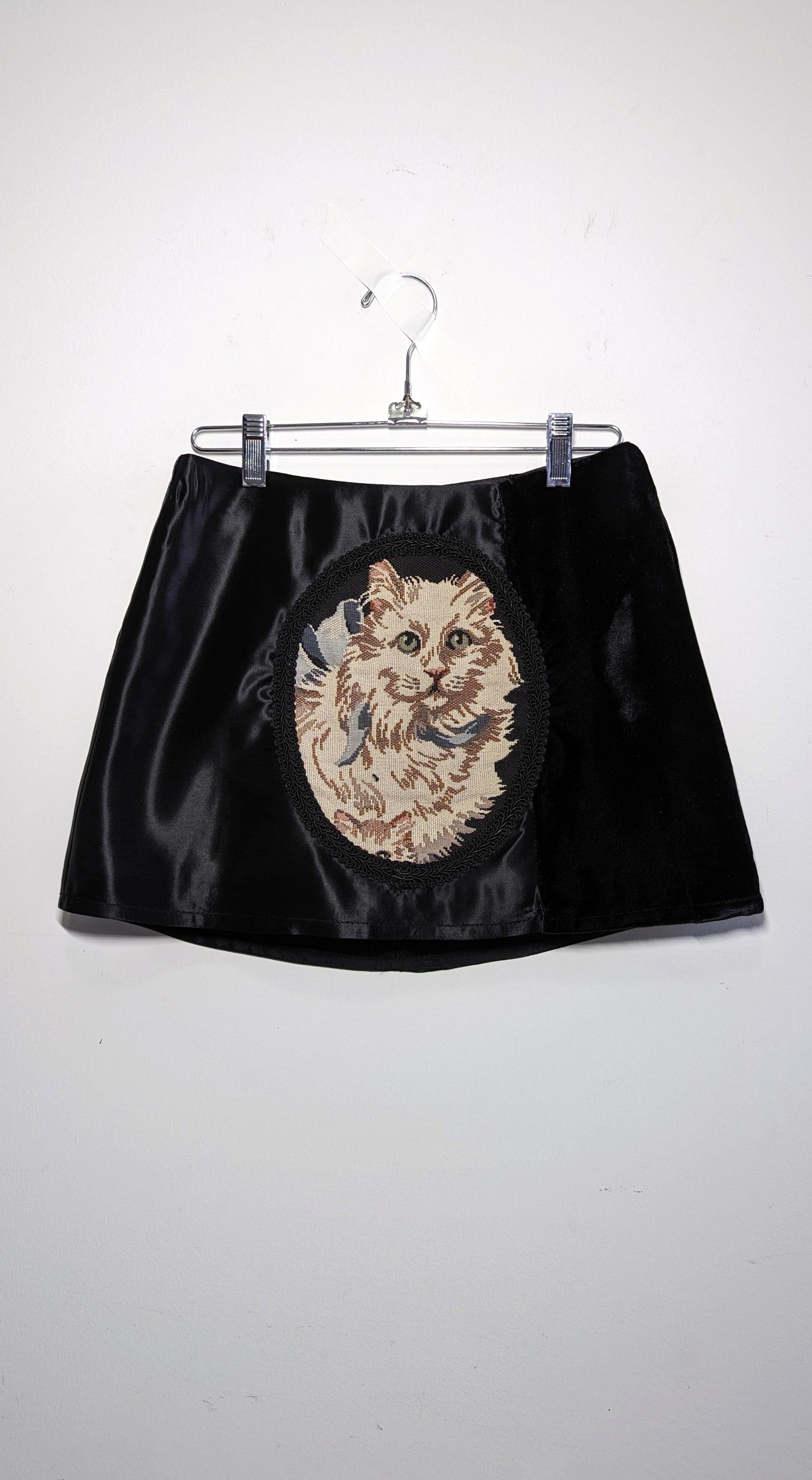 Black Satin Cat Mini Skirt-Kristin Mallison-APOC STORE