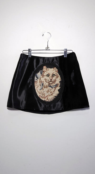Black Satin Cat Mini Skirt-Kristin Mallison-APOC STORE