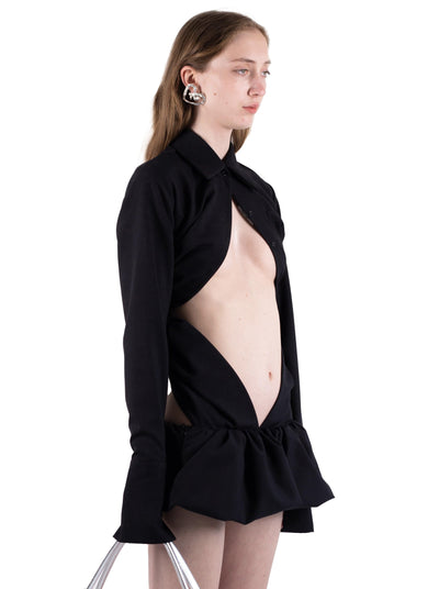 DRAPED WOOL SHIRT DRESS IN BLACK-Urte Kat-APOC STORE
