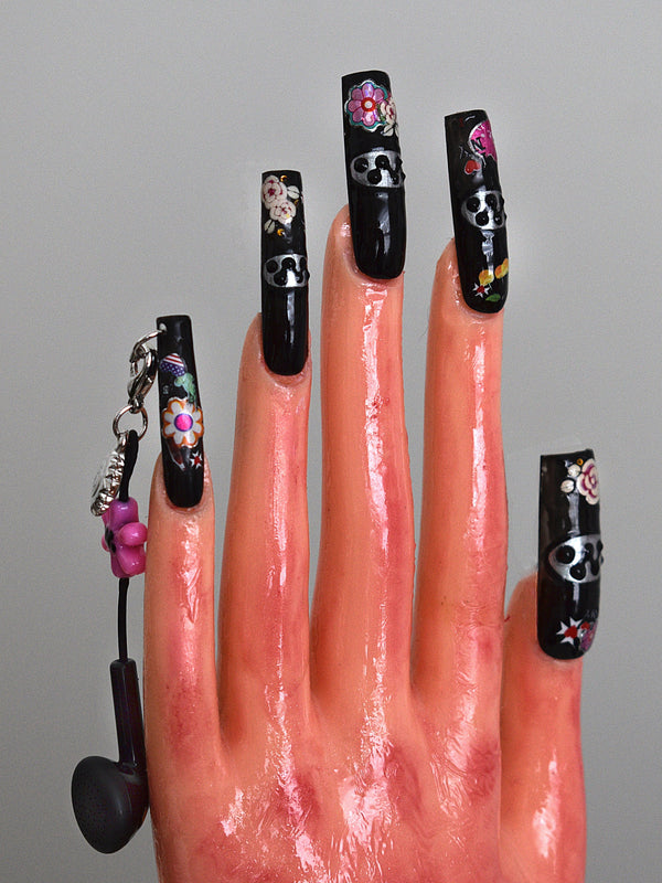 Sticker covered Sony Walkman 2002 nail set with earbud charms-Hotnails-APOC STORE