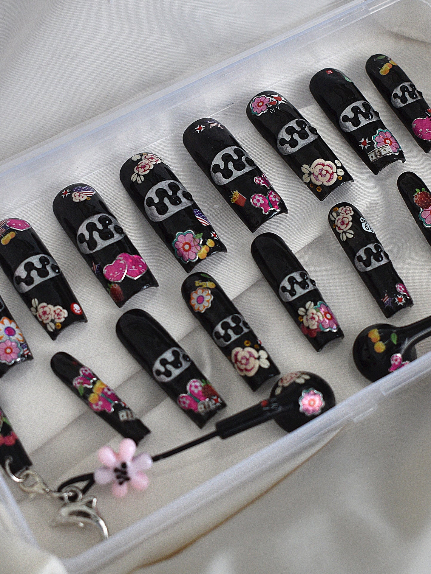 Sticker covered Sony Walkman 2002 nail set with earbud charms-Hotnails-APOC STORE