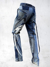 DENIM PRINTED PATCHWORK PANTS BLUE-UNDER THE SIGN-APOC STORE