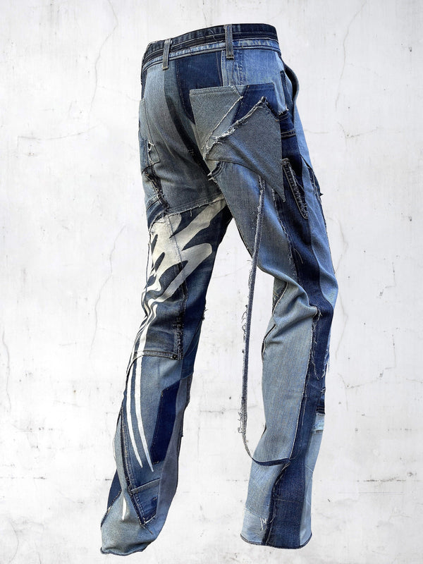 DENIM PRINTED PATCHWORK PANTS BLUE-UNDER THE SIGN-APOC STORE