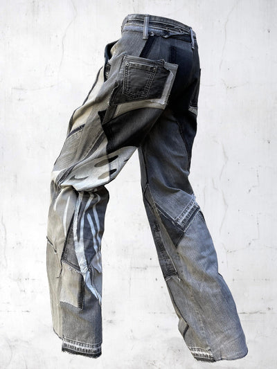DENIM PRINTED PATCHWORK PANTS GREY-UNDER THE SIGN-APOC STORE
