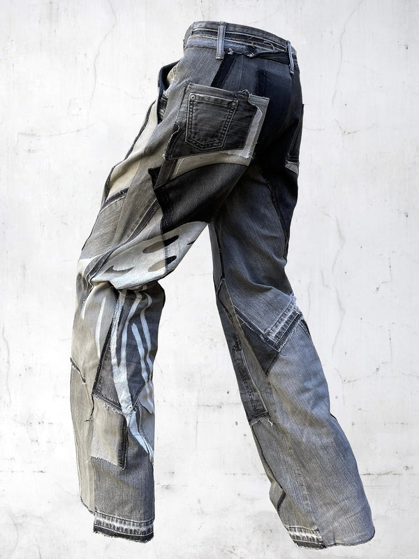 DENIM PRINTED PATCHWORK PANTS GREY-UNDER THE SIGN-APOC STORE